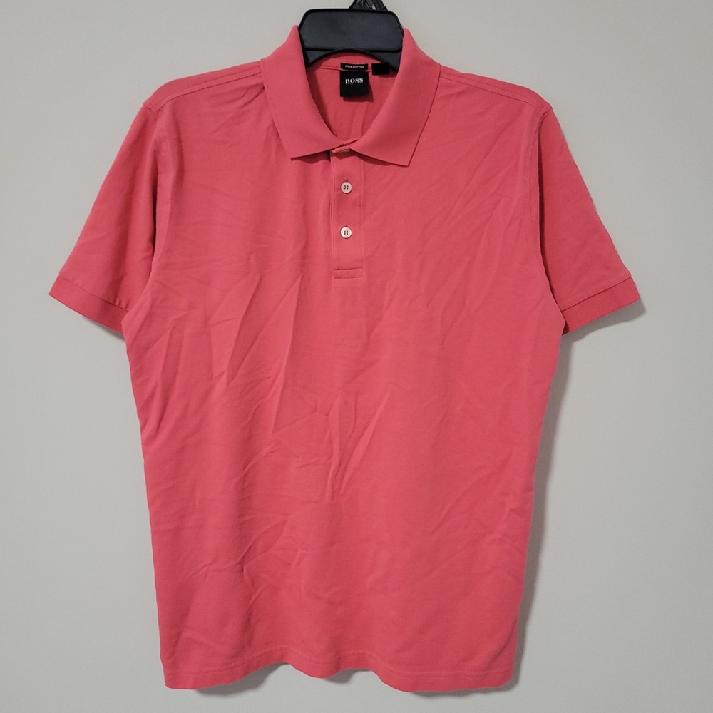 BOSS Hugo Boss Polo Shirt Mens L Coral Pink Pima Cotton Short Sleeve Casual